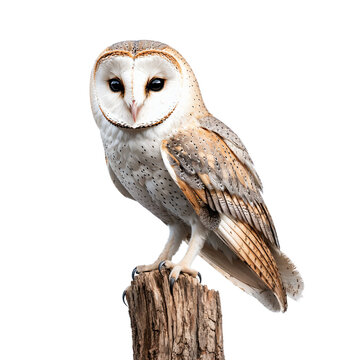 A Majestic Barn Owl Perched Gracefully on a Rustic Tree Stump with Glimmering Feather Patterns Against a Contrasting Deep Black Background.