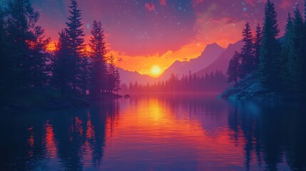 Fototapeta premium A bioluminescent lake surrounded by neon-lit cliffs and holographic trees under a vibrant sky. The water glows softly, reflecting the surreal landscape. A tranquil lakeside paradise 