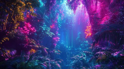 A bioluminescent rainforest with glowing trees and holographic vines under a digital sky. Soft neon lights cast a surreal glow over the dense jungle foliage. A lush, futuristic tropical paradise 