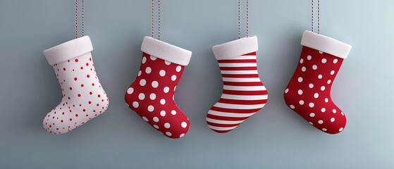 Christmas stockings hanging on strings, with a cute red and white polka dot and stripe pattern, generative AI