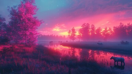 Fototapeta premium A digital savannah with glowing grasses and neon-lit trees under a surreal twilight sky. Holographic animals graze peacefully, creating a serene and captivating landscape. A peaceful blend of 