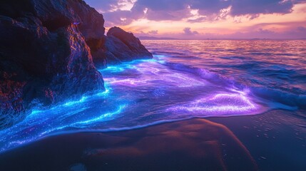 Naklejka premium A futuristic bay with glowing waves and bioluminescent rocks, illuminated under a neon-lit sky. The ocean shimmers in vibrant hues, blending marine beauty with futuristic elements. A mesmerizing 
