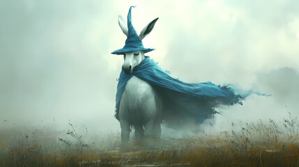 A whimsical donkey dressed as a wizard, complete with a flowing blue cape, stands amid a foggy field, bringing a touch of magic and humor to the farm animal world. Whimsical. Illustration