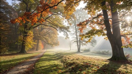Obraz premium A misty morning in an autumnal forest with sunlight peeking through the trees and casting dappled shadows on the ground, outdoor, weather, forest, autumn