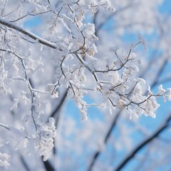 Frost-covered branches against a clear blue sky, creating a serene winter atmosphere.