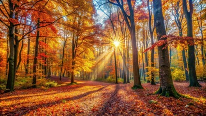 A sunbeam pierces through the canopy of a deciduous forest, illuminating a path through the vibrant autumn foliage.