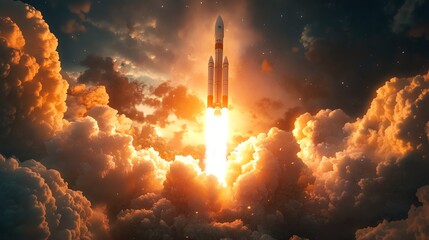 Rocket launching through vibrant clouds at sunset.