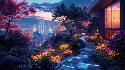A luminous hilltop garden with bioluminescent flowers and holographic pathways, overlooking a digital cityscape. Neon lights in the background create a harmonious blend of nature and urban life. 