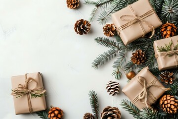 A festive scene with gift boxes wrapped in natural brown paper, adorned with twine and pine branches, surrounded by pinecones and holiday greenery.
