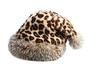 Obraz premium A stylish leopard print Santa hat made of soft faux fur, featuring a fluffy white pom-pom. Perfect accessory for festive celebrations and holiday parties.