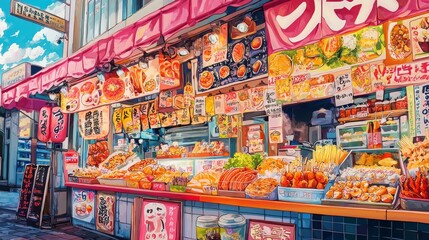 Vibrant Japanese Street Food Stalls Illustration