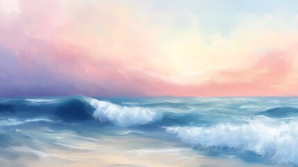 Obraz premium Abstract seascape with a pink and yellow sky and blue waves.
