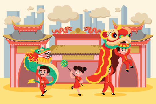Chinese New Year Lion Dance Celebration Vector Illustration