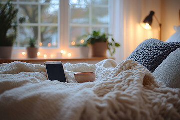 Relaxing sleep playlist displayed on a phone in a tranquil bedroom.