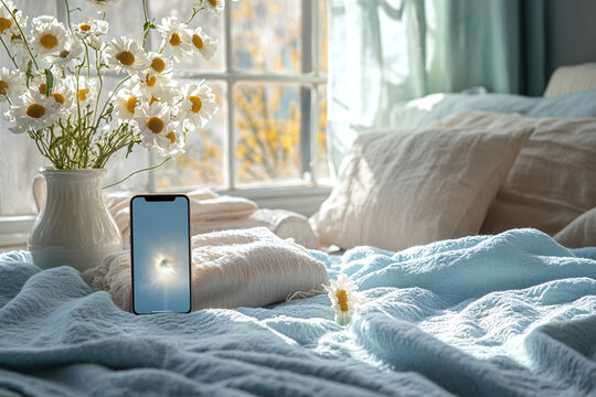 Relaxing sleep playlist displayed on a phone in a tranquil bedroom.