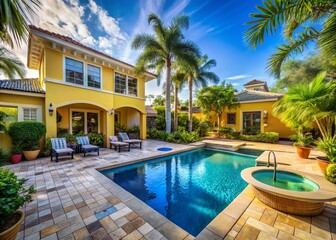 Fototapeta premium Luxurious High-End Pool and Hot Tub in a Tropical Backyard Oasis on Stscopes Island, Florida with Vibrant Yellow House and Blue Tile Amidst Lush Greenery and Palm Trees