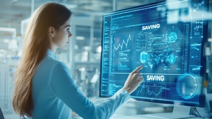 Data analytics concept. A focused woman interacts with a digital interface featuring data analytics and global maps in a modern tech environment.