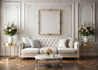 Luxurious Room with Big White Sofa and Elegant Decor Featuring a Big Empty White Frame Mockup for Fashion Photography Inspiration