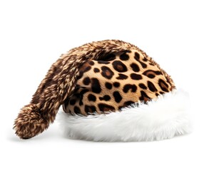 Obraz premium Leopard print Santa hat with fluffy white trim, isolated on a white background, perfect for festive occasions or holiday photo shoots.
