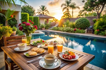 Fototapeta premium Luxurious Villa Breakfast on a Terrace with Pool and Lush Greenery - A Serene Morning Scene Featuring Cheese, Omelet, Fruit, Orange Juice, and Jams on a White Wooden Table