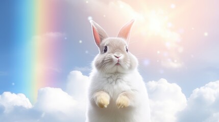 Adorable bunny happily hopping on white clouds under a vibrant rainbow