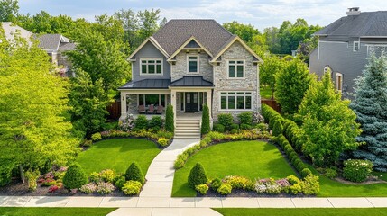 Overhead shot of a suburban front lawn with a symmetrical garden layout, bordered by decorative shrubs.