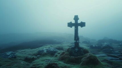 Naklejka premium Celtic Cross Standing in Misty Irish Landscape