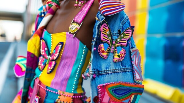 A playful and colorful look with a bold patchwork denim jacket a rainbow striped tank top and platform sandals with butterfly embellishments.