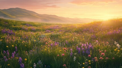 Obraz premium Rolling green field dotted with patches of wildflowers, under a pastel-colored dawn sky.