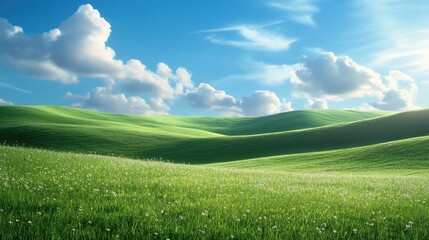 Obraz premium Rolling hills of green grass in an open field, with scattered wildflowers under a partly cloudy sky.