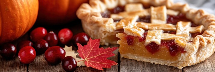 Fototapeta premium Canadian thanksgiving flat lay with pie, pumpkins, and cranberries for festive autumn decor and celebration