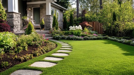Fototapeta premium Top perspective of a beautifully landscaped front yard lawn, with garden beds and stone accents.