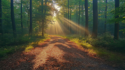 Fototapeta premium A photo of sun rays in the forest, a dirt road is visible in it, with green trees surrounding the scene