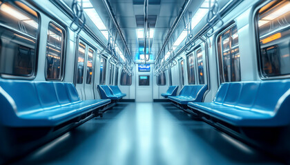 Obraz premium Modern subway train interior with empty blue seats and bright lighting.