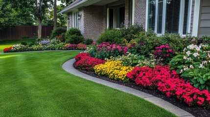 Obraz premium Top view of a well-maintained front lawn with geometric garden design and a colorful flower border.