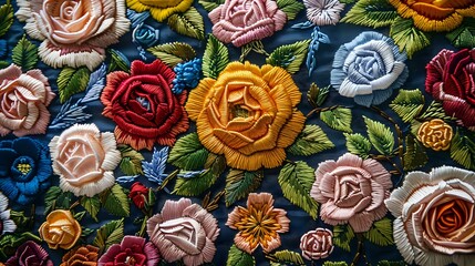 Colorful floral embroidery featuring various roses and leaves on fabric, highlighting intricate needlework and vibrant artistry. Perfect for textile design, fashion, and handcrafted decor themes.