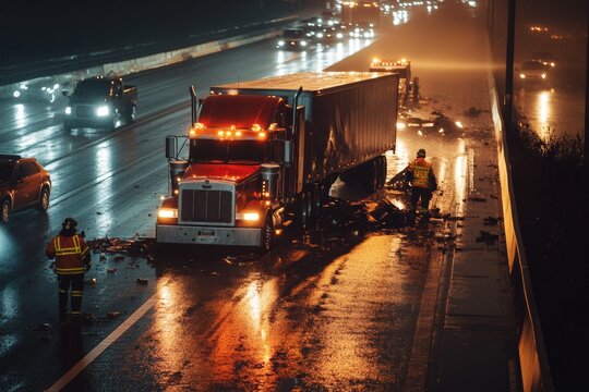 Semi-trailer truck crash on wet freeway during nighttime causing traffic disruption and emergency response