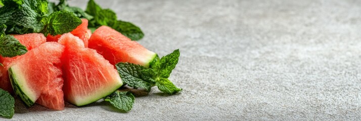 Fresh spring flat lay with sliced watermelon and mint leaves for refreshing summer designs