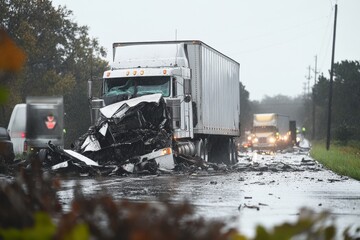 Semi-trailer truck crash causes traffic disruption on a wet freeway during inclement weather