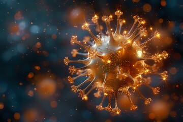 Fototapeta premium Microscopic visualization of virus cell structure with glowing orange spikes on dark blue background, scientific medical research concept for healthcare and disease study.
