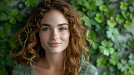 Naklejka premium Portrait of a young woman with curly hair and natural beauty, smiling against a lush green leafy background. Ideal for concepts of nature, wellness, and sustainable lifestyles.