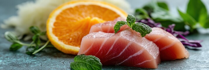 Fresh sushi ingredients on table featuring tuna slices and citrus in vibrant spring colors