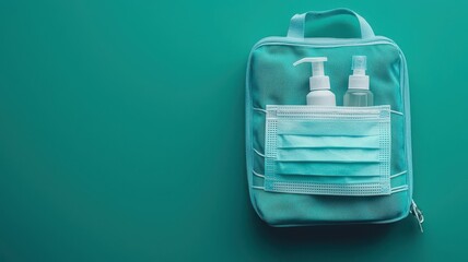 Obraz premium Macro of a face mask and hand sanitizer in a person s bag, promoting infection mitigation on-the-go, Face mask and sanitizer in bag macro, Portable and protective