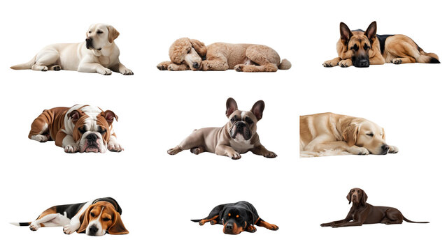 A group of cute French Bulldog, Labrador Retriever, Golden Retriever, German Shepherd, Poodle, Bulldog, Beagle, Rottweiler, German Shorthaired Pointer Sleeping and Relaxing on a white background