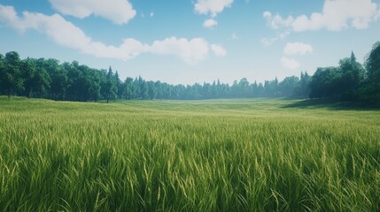 Fototapeta premium Wide open field with tall, green grass swaying in the breeze, bordered by a forest in the distance.