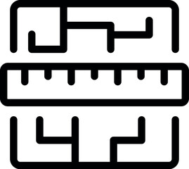 Black and white vector icon of a ruler measuring an abstract circuit board pattern, representing engineering and precision