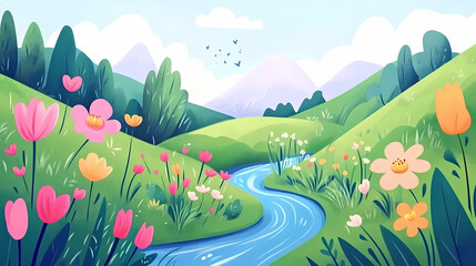 Cartoon vector a whimsical spring landscape with a flowing river, blooming flowers, and green hills. Whimsical. Illustration