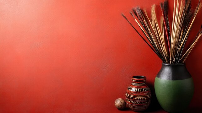 Madagascar independence day concept with traditional decor and vases on red background