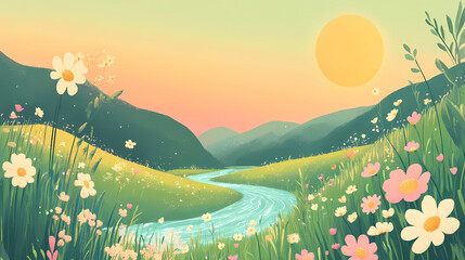 Fototapeta premium Cartoon vector a whimsical spring landscape with a flowing river, blooming flowers, and green hills. Whimsical. Illustration