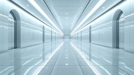 Obraz premium modern, sanitized interior hallway with sleek white walls and bright lighting creates futuristic atmosphere. reflective surfaces enhance spacious feel